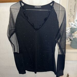 Sheilay Shimmery V Neck Top Sheer Sleeves Holiday Christmas Black Size M (4/6)